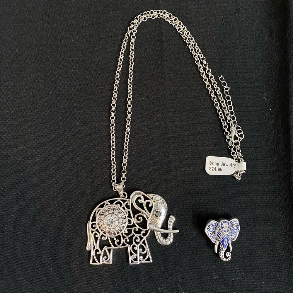 Snap Jewelry Silver tone metal pendant Elephant snap base Chain Necklace